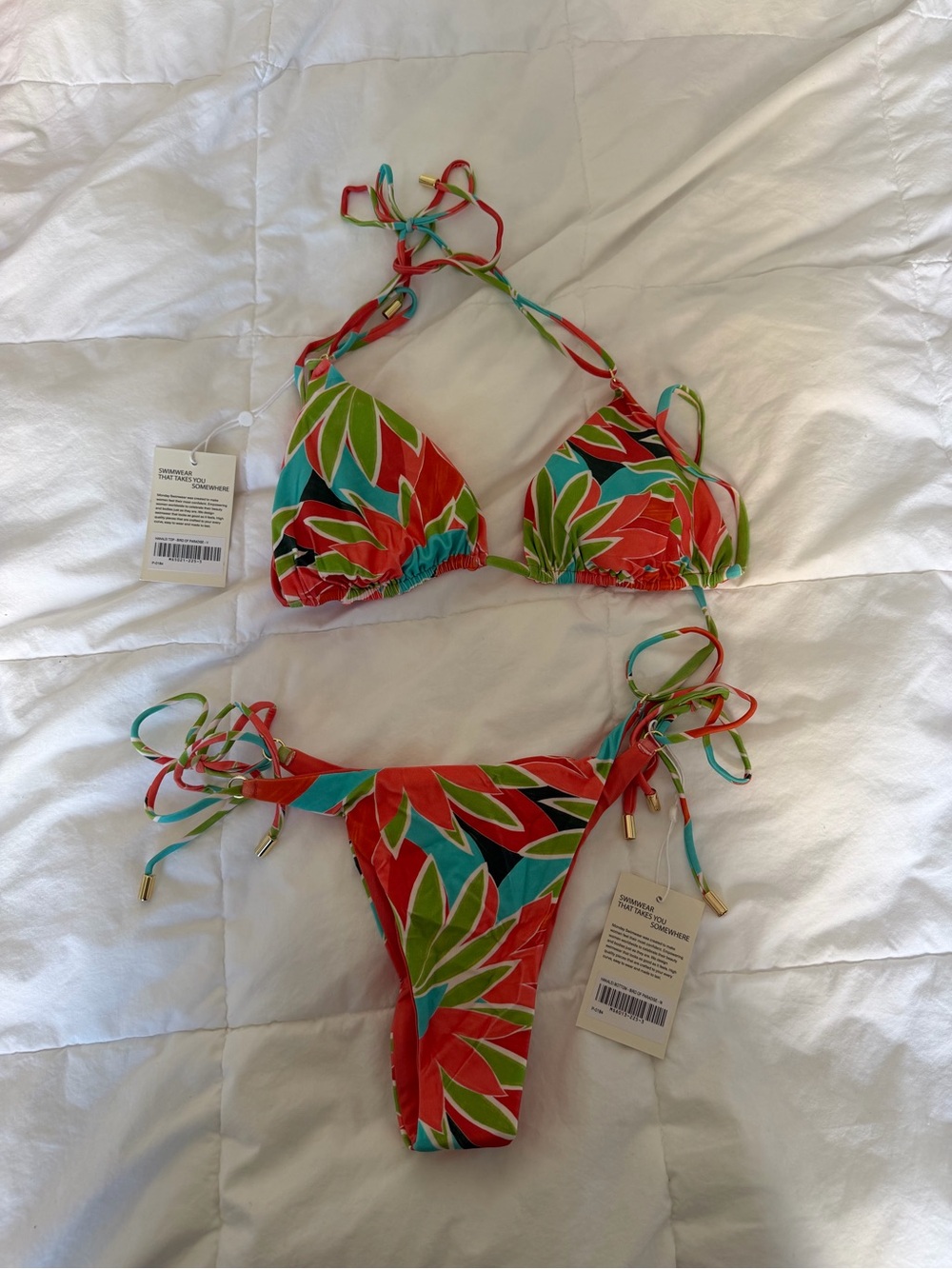 Monday Swimwear Red & Green Leaf Print Triangle Bikini